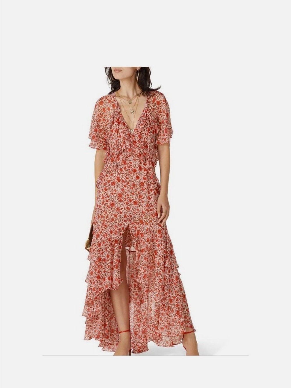 Misa Los Angeles Red Floral Ruffle High-Low Maxi Dress